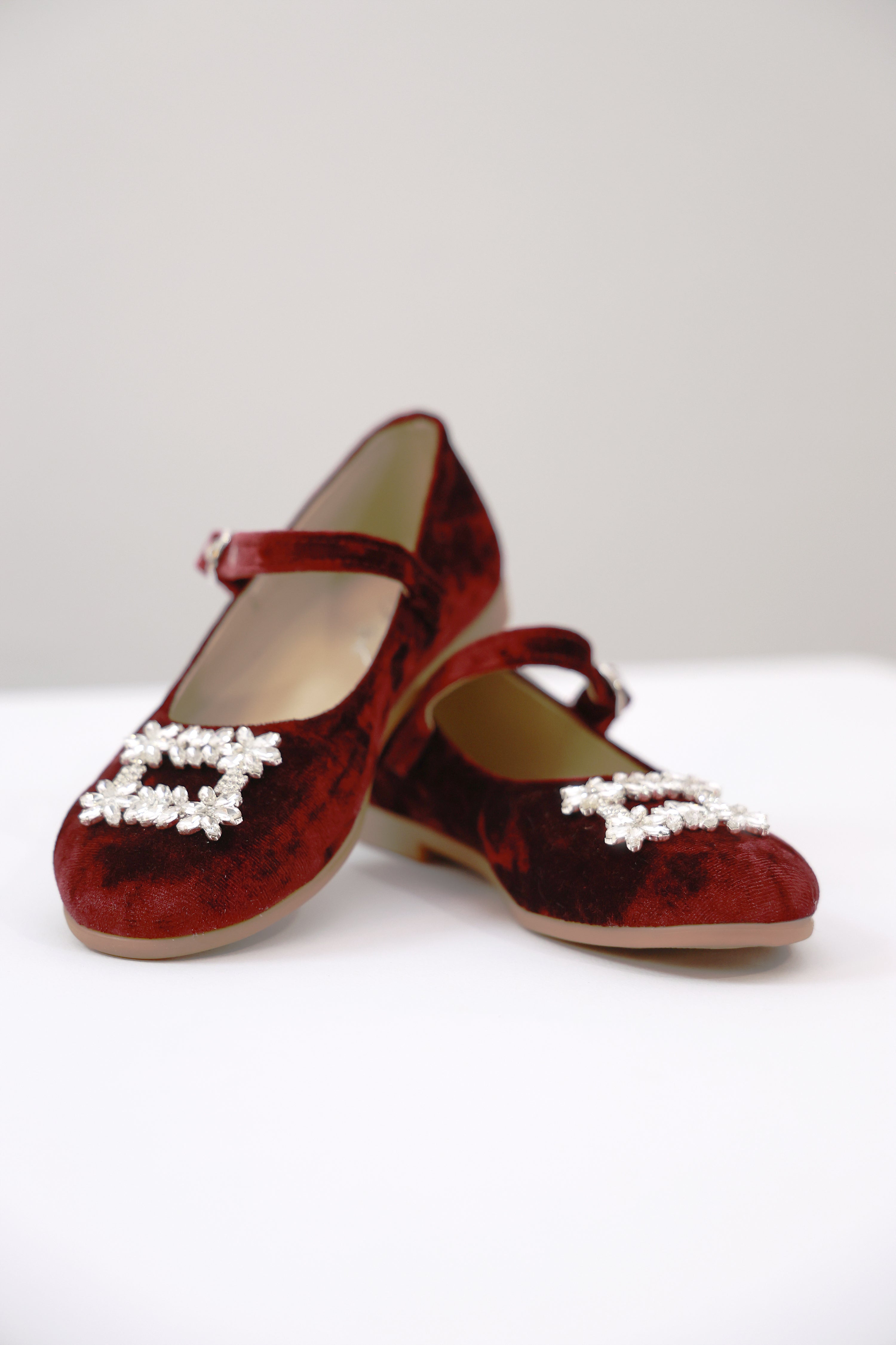 Bordo Velvet Crystal Buckle Shoes